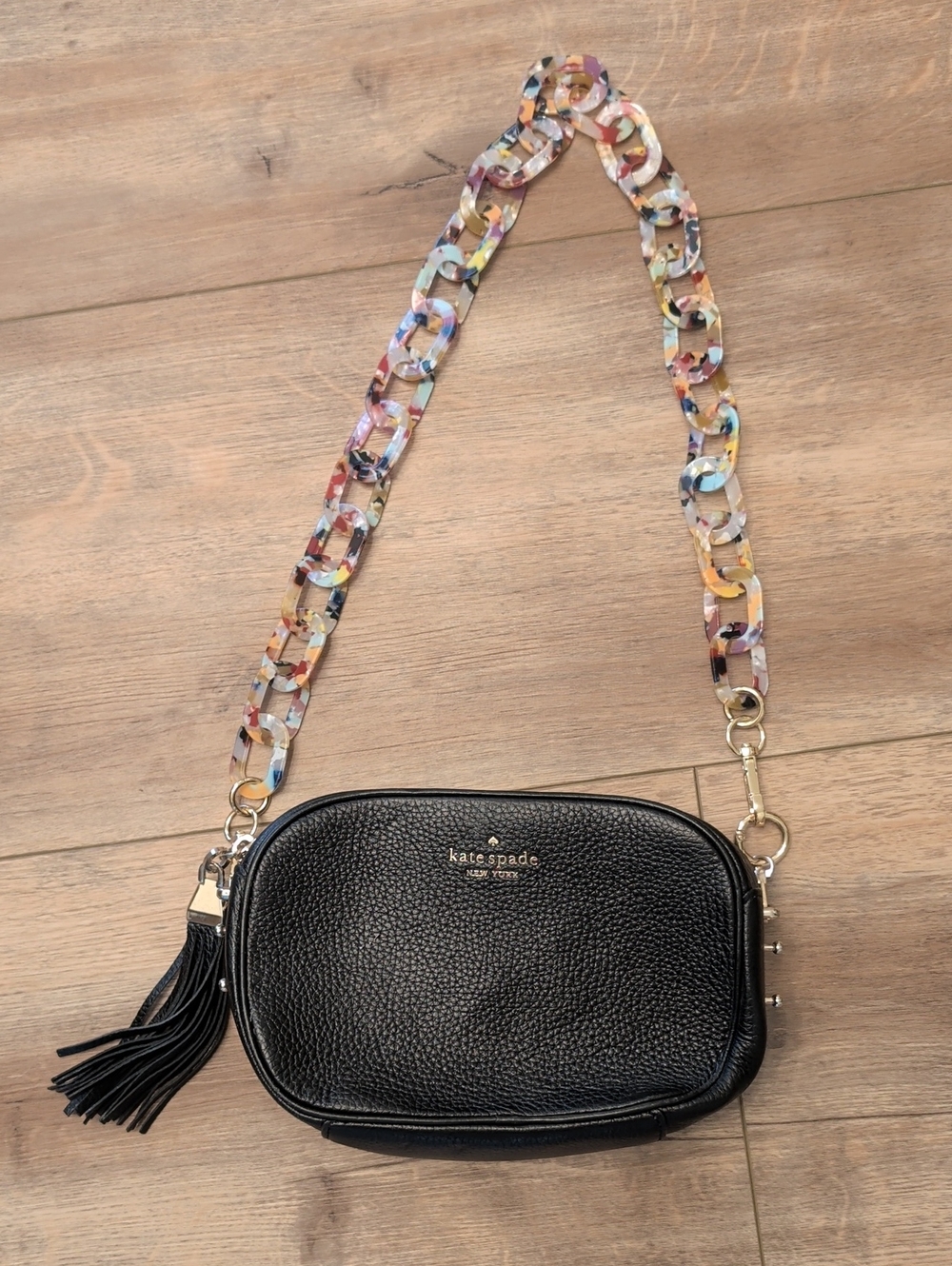 Kate Spade Black Pebbled Leather Crossbody with Multicolor Resin Chain